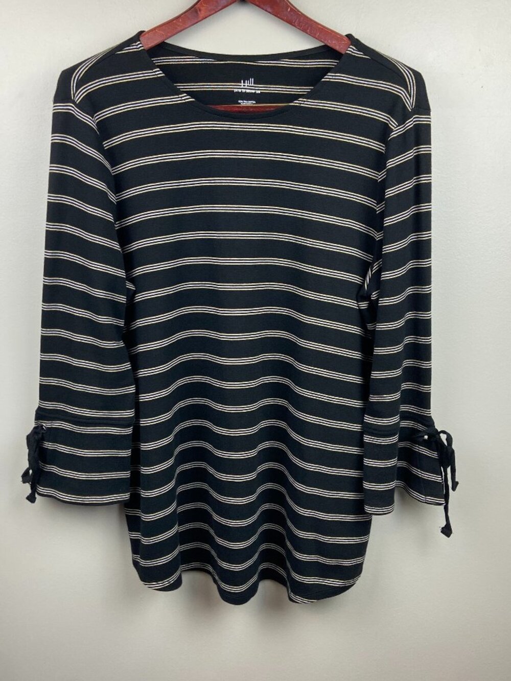 J.Jill Pima Tie Sleeve Tee Black Striped Top 100% Pima Cotton Size Large